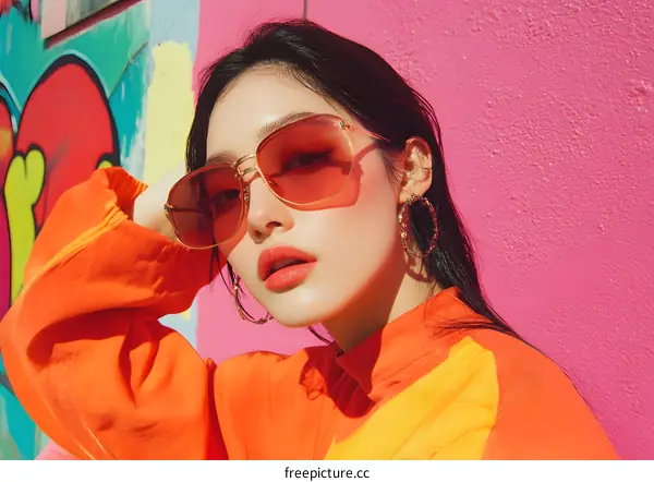 Young Asian Woman Wearing Sunglasses In Front Of A Pink Wall
