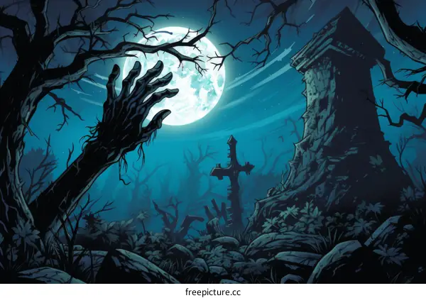 Horror Illustration: Zombie Hand Reaching from the Grave