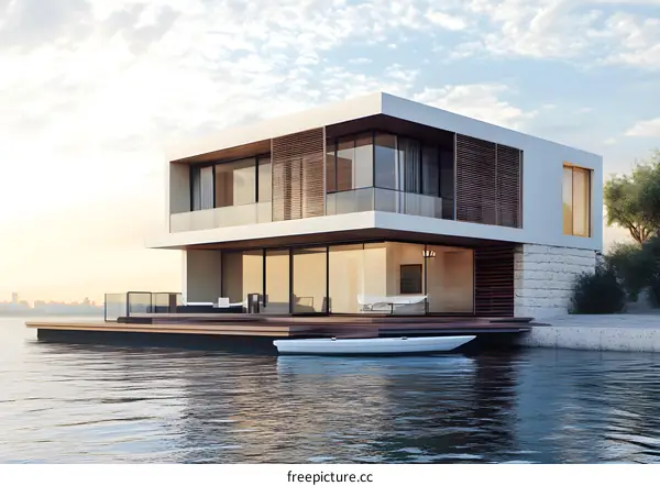 Modern Minimalist House on Water with a Boat