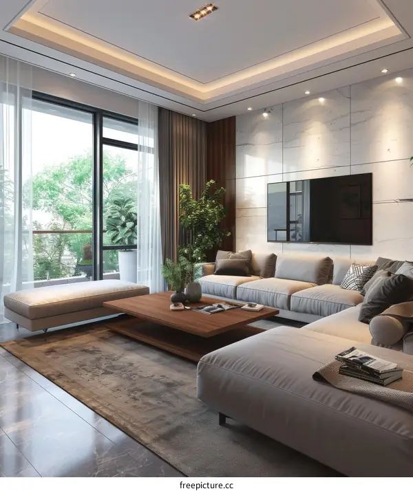 Modern Living Room with Wood Marble Plants Interior Design