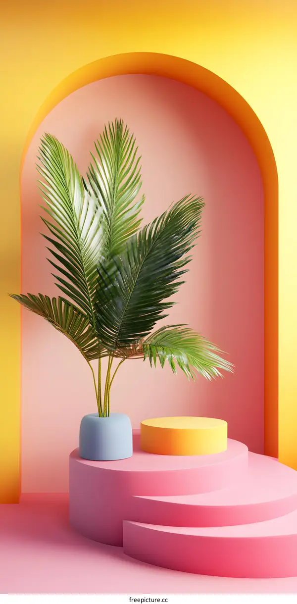 Minimalist Product Display With Palm Tree and Pink and Yellow Archway