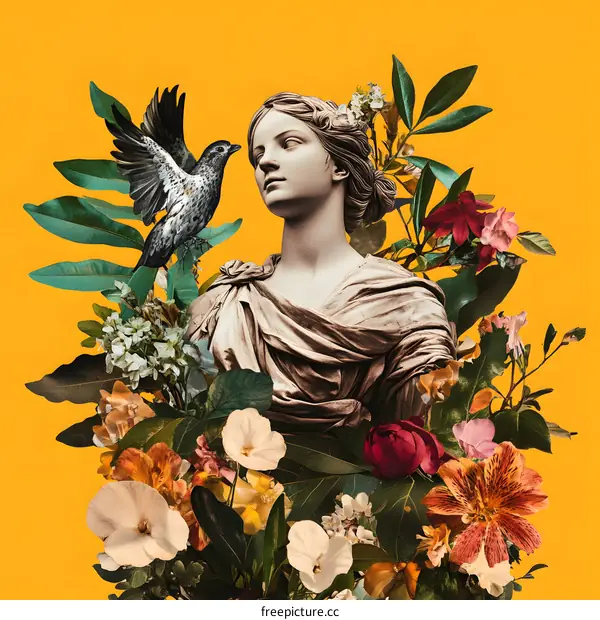 A Statue of a Woman Surrounded by Flowers and a Bird