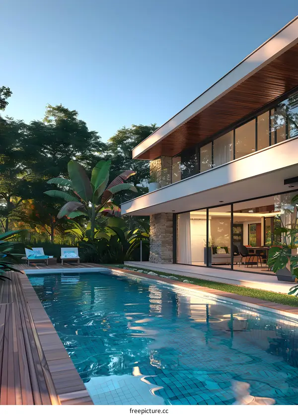 Modern House with Swimming Pool and Lush Tropical Greenery
