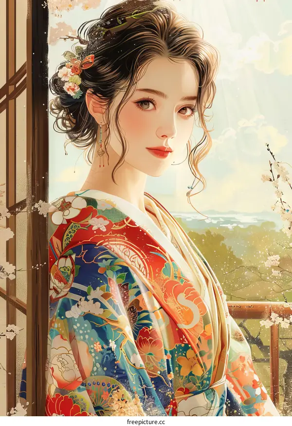 An Asian woman in traditional Japanese kimono stands by the door.