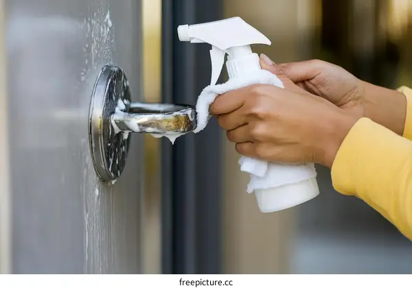 Cleaning a Door Handle with Soap and a Cloth