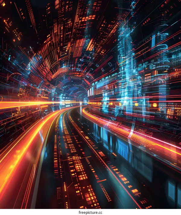 Futuristic city tunnel with glowing lights