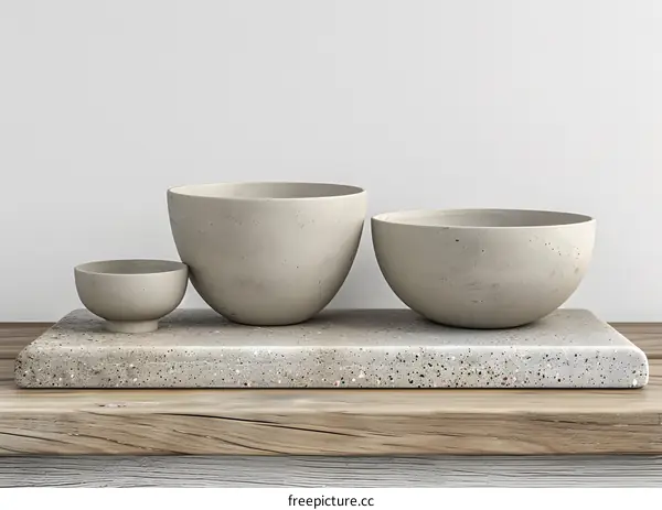 Three Concrete Bowls on a Wooden Table