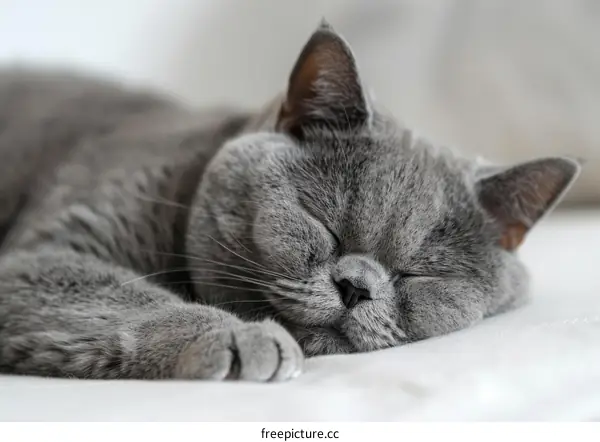 A gray British shorthair cat is sleeping on a white blanket.