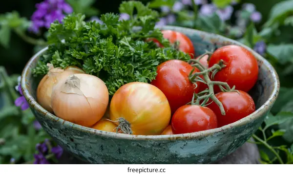 A bowl of fresh vegetables including tomatoes, onions, and parsley