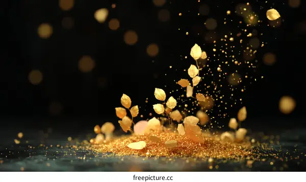 Golden Leaves and Glitter on Dark Background