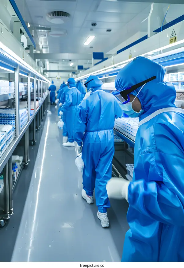 Workers in Blue Suits Working on a Production Line in a Factory