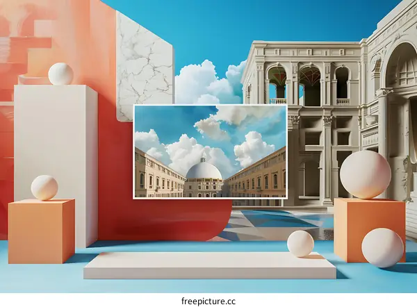 Abstract Art with 3D Geometric Shapes and an Image of a Classical Building