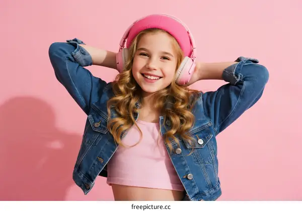 Young girl with pink headphones smiling against pink background