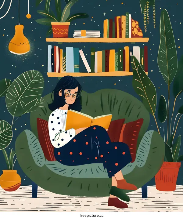 Woman Reading Book on Sofa Surrounded by Plants and Books