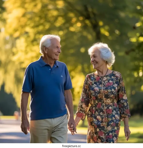 Happy elderly couple walking in the park