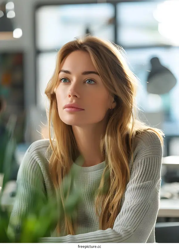 portrait of a beautiful blonde woman in a gray sweater