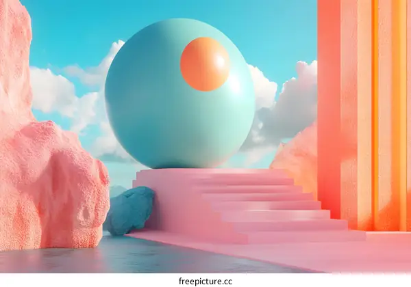 Abstract Pastel Colored Sphere On Steps With Cloud Background