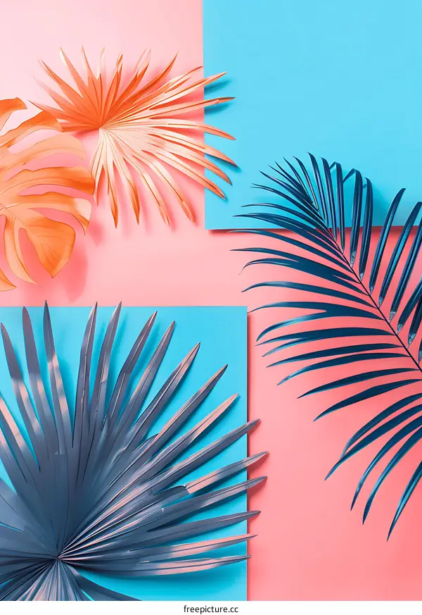 Tropical Palm Leaves on Blue and Pink Background