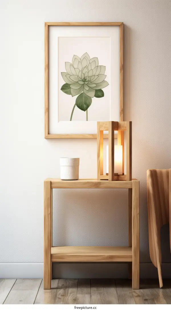 A wooden table with a flower painting and a lamp on it
