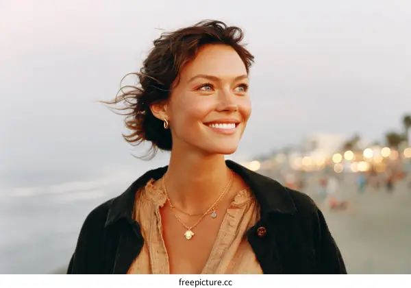 Woman Smiling at the Beach Sunset