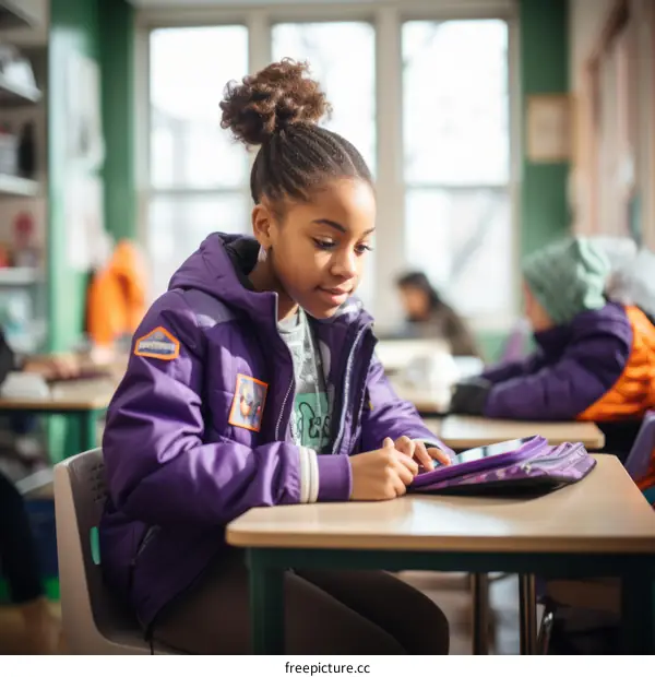 A young girl is using a tablet in a classroom
