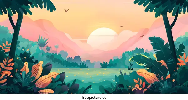Jungle Landscape with Sunset and Mountains Illustration