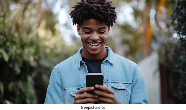 Young Black Man Using Smartphone Outdoors