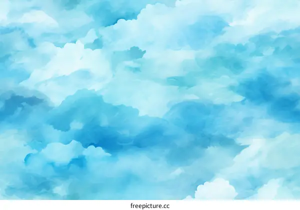 Blue sky and white clouds watercolor illustration