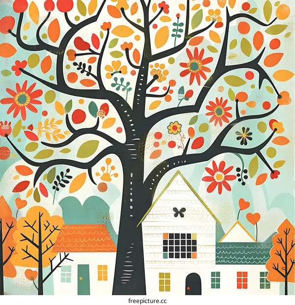 Autumn Tree with Colorful Leaves and Houses