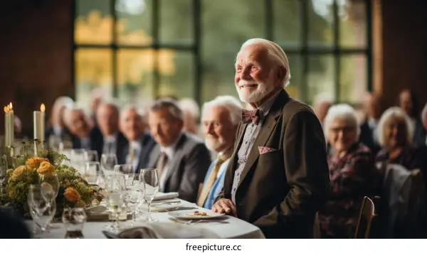 An elderly man is sitting at a table smiling