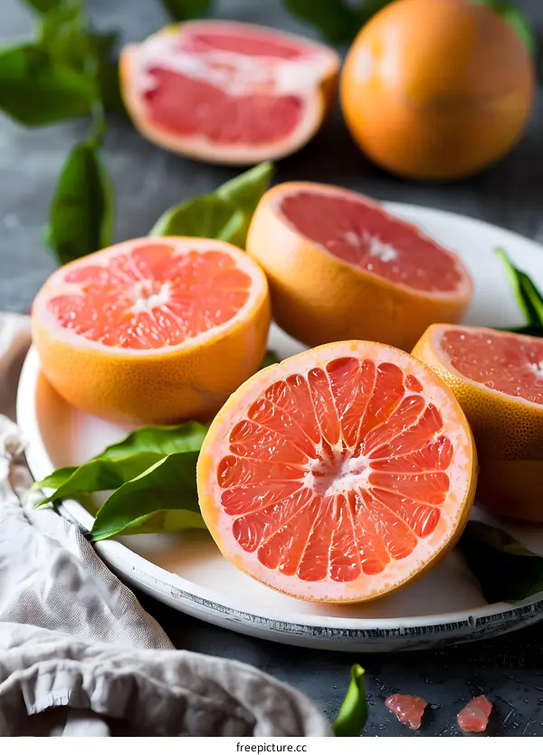 Freshly Cut Pink Grapefruit on White Plate