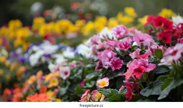 Colorful Flowerbed With Pink And Yellow Flowers In Bloom