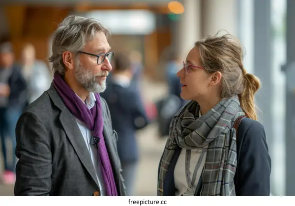 Two people are talking at a conference