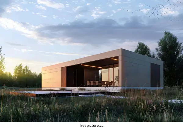 Modern House with a Minimalist Design and Grassy Field