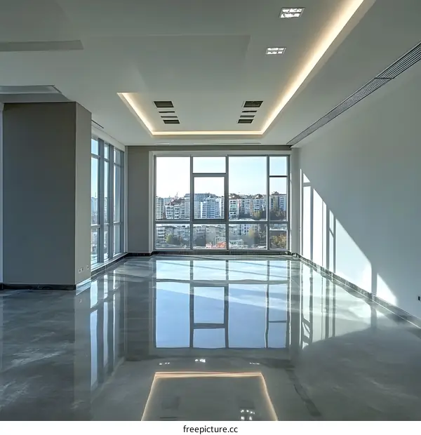 Modern Office Interior Design with City View and Polished Floor