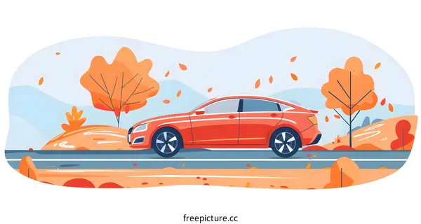 Red Car Driving Through Autumn Landscape