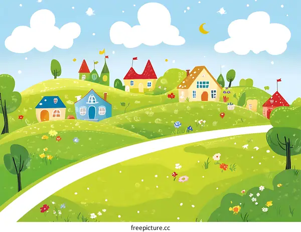 Cartoon Illustration of Green Hills and Houses