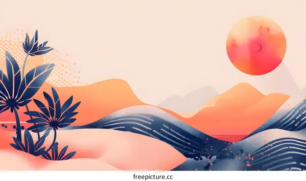 Abstract Landscape with Palm Trees and a Large Sun