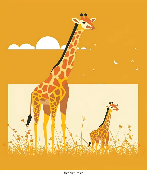 Giraffe Family Standing in Grass with Yellow Sky Background