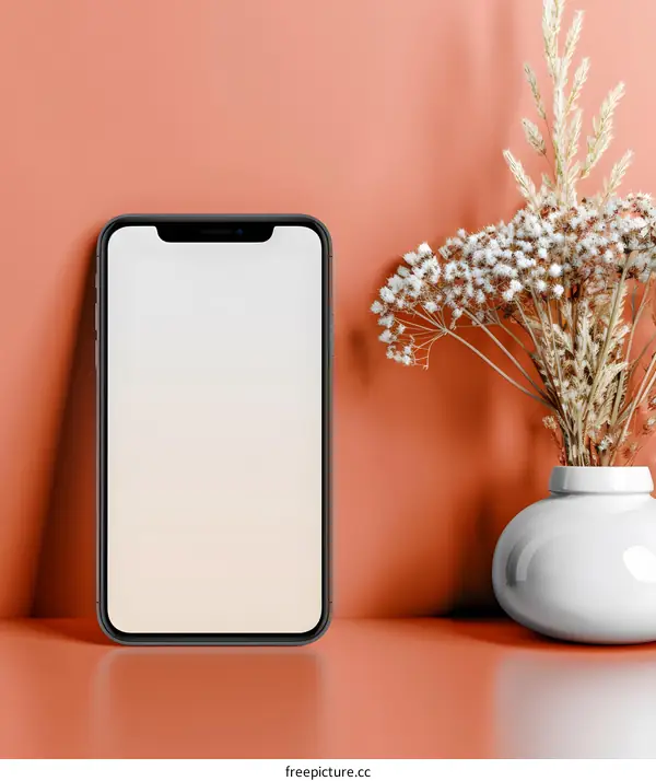 Minimalist Mockup of Phone with Dried Flowers on Orange Background
