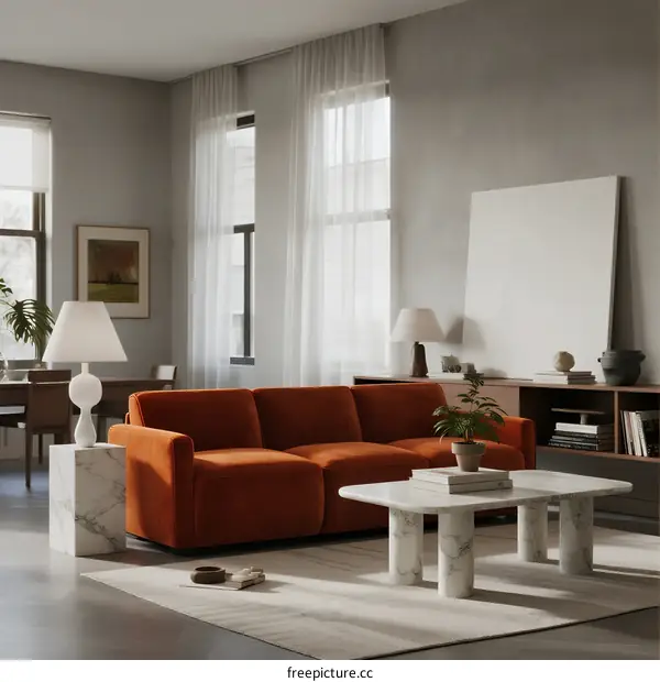 Modern living room with orange sofa and marble coffee table
