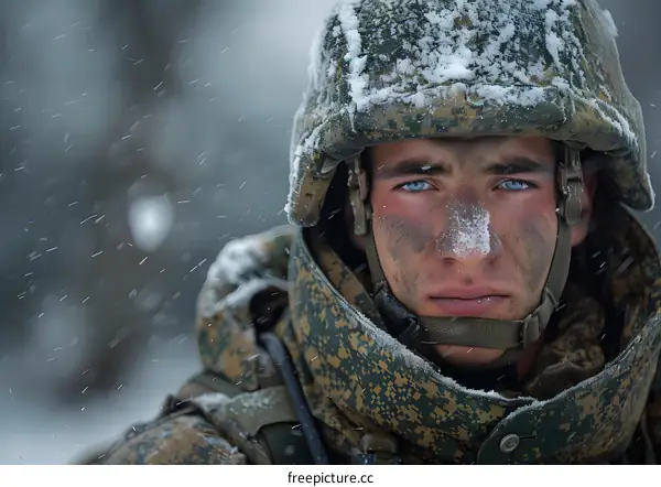 Portrait of a soldier in the snow