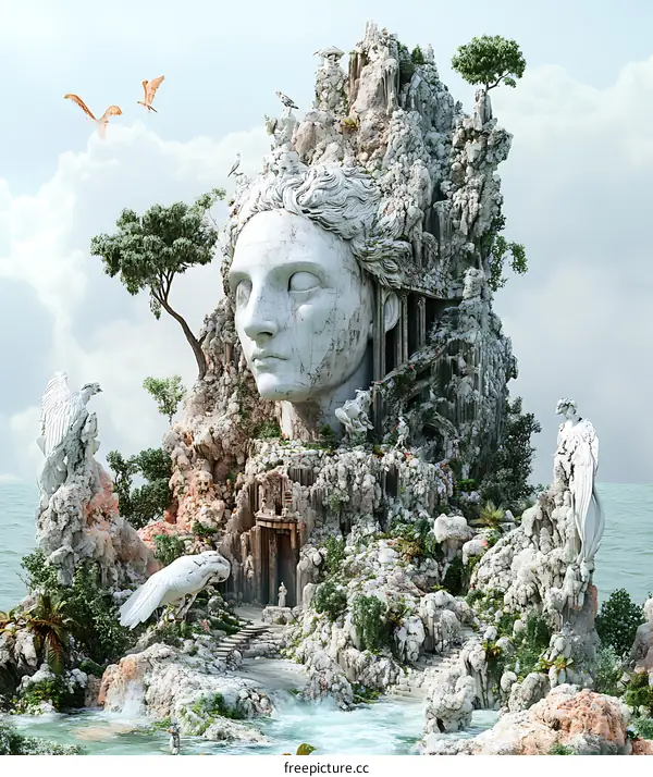 Fantasy World With Stone Face, Animals, And Plants