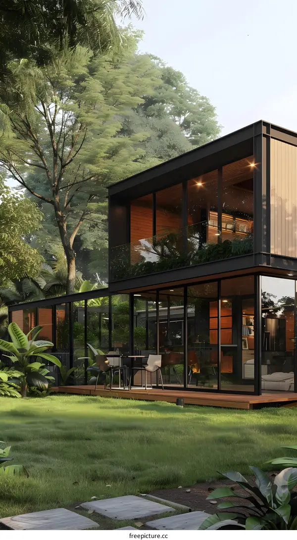 Modern Glass House Design with Lush Green Surroundings