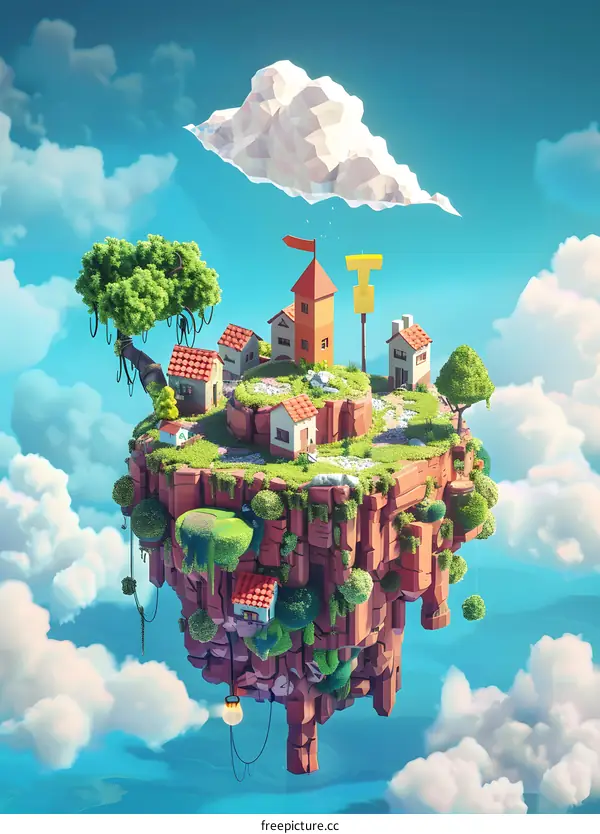 Floating Village Illustration In Low Poly Style