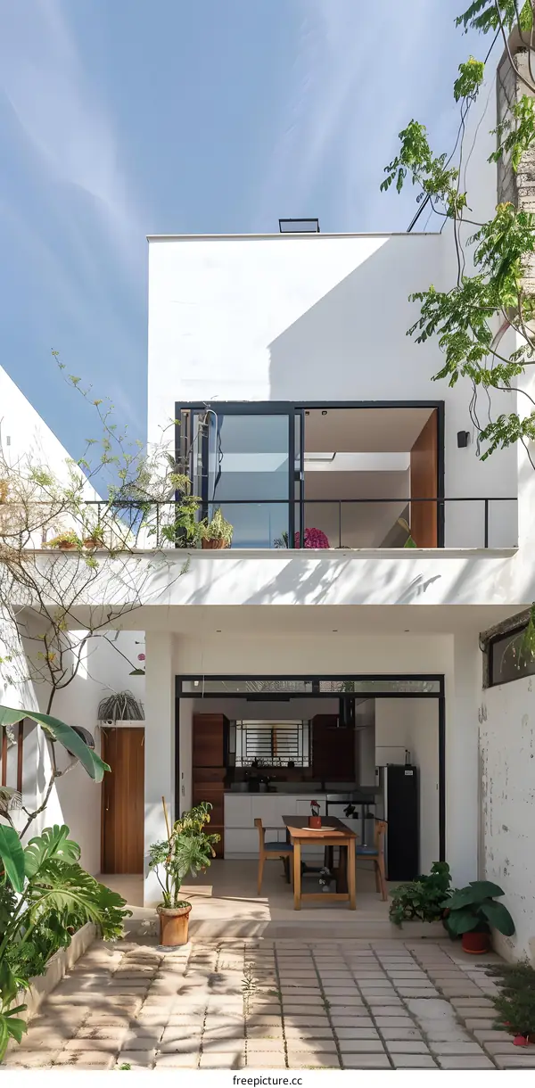 Modern Minimalist White House Exterior with Patio and Lush Greenery