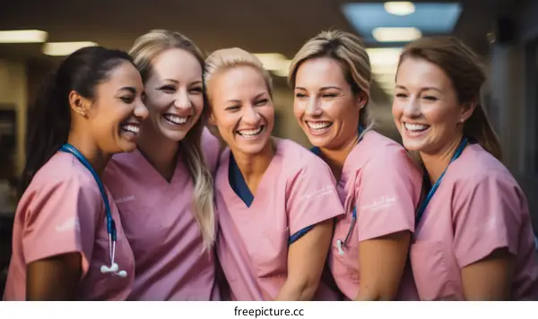 A group of five female nurses in pink scrubs are laughing and smiling.