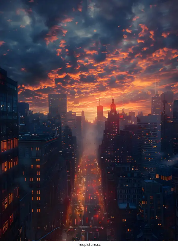 A photo of a city street with tall buildings and a cloudy orange sky