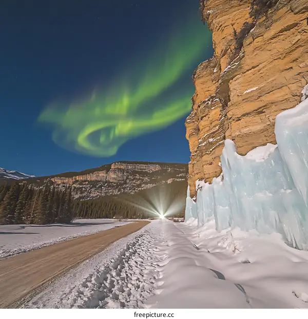 Aurora Borealis Over Snowy Mountains And Ice Formations