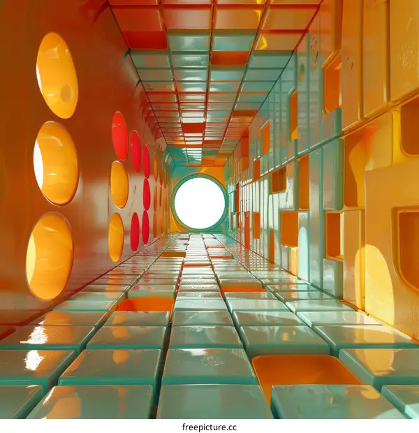 Futuristic Hallway with Bright Colors and Geometric Shapes